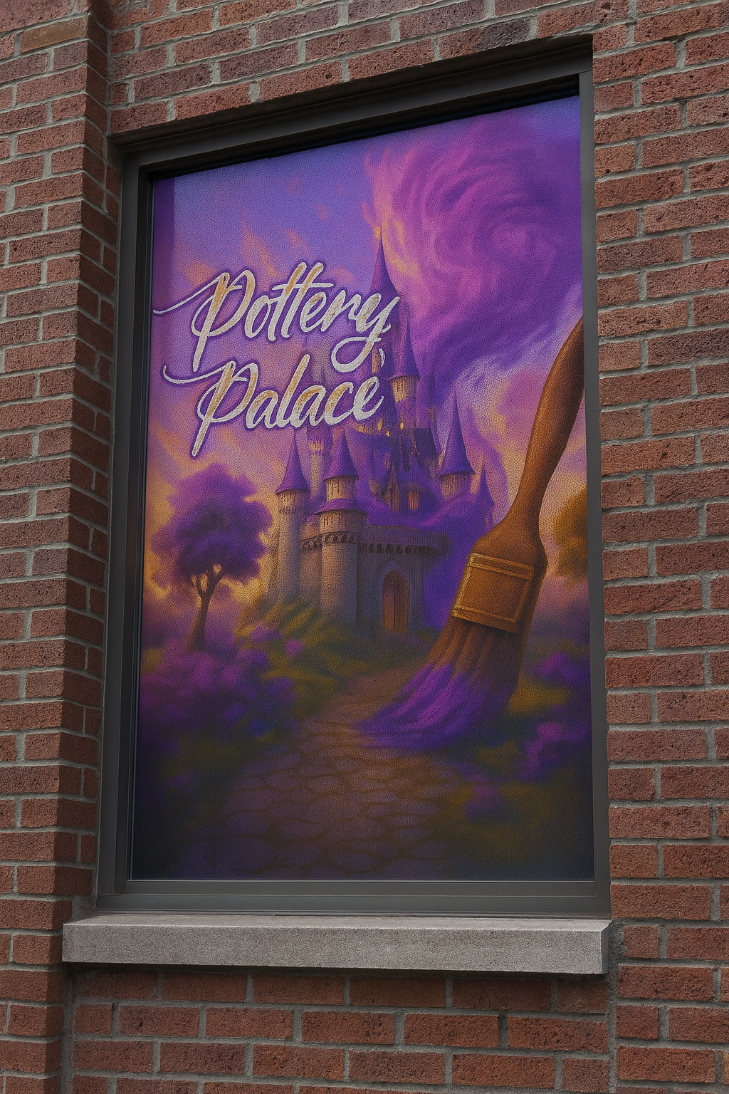 Window display with 'Pottery Palace' sign and artistic depiction of a castle and broom.