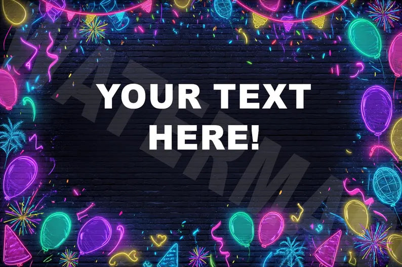 Decorative frame with colorful balloons and confetti on a black background with text 'YOUR TEXT HERE!'.