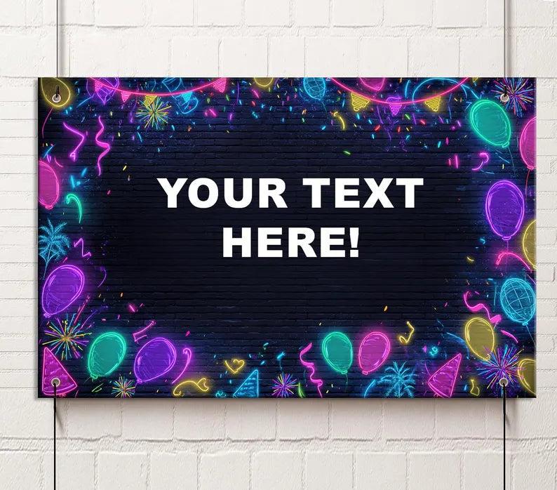 Black letter board with colorful decorations and 'Your Text Here!' text on a white brick wall background