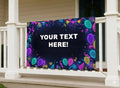 Decorative sign with colorful balloons and text placeholder on a porch
