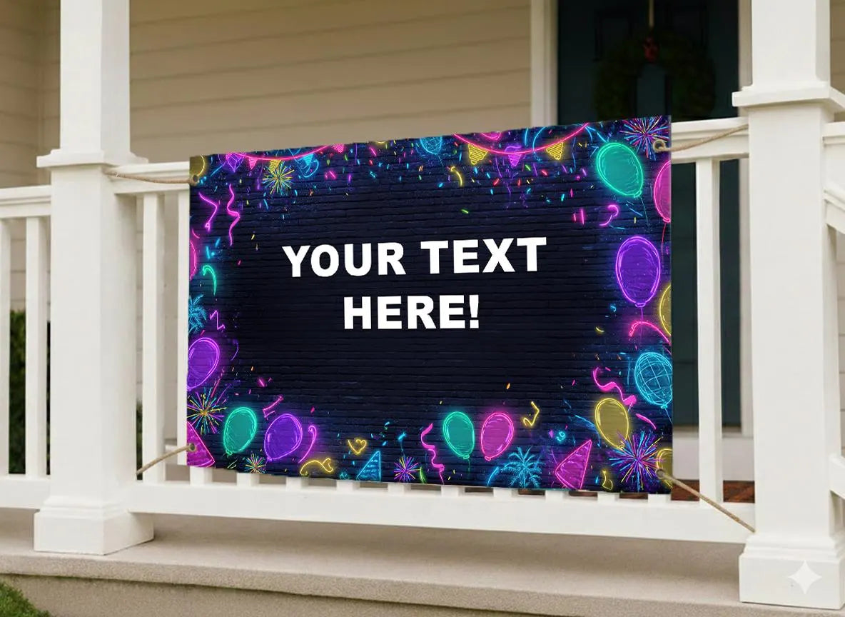 Decorative sign with colorful balloons and text placeholder on a porch
