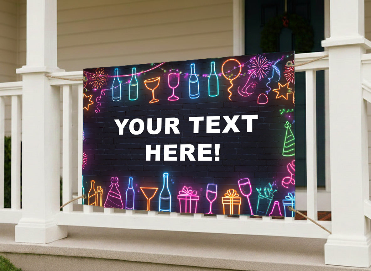 Decorative banner with neon icons and text space on a porch