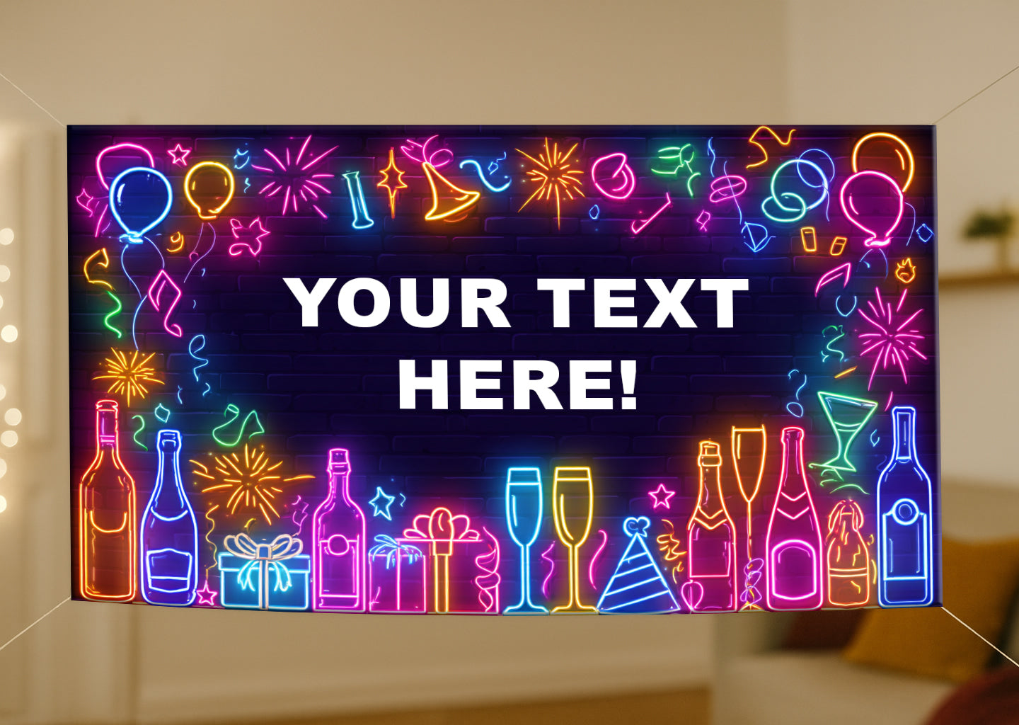 Neon sign with party-themed decorations and 'Your Text Here!' text