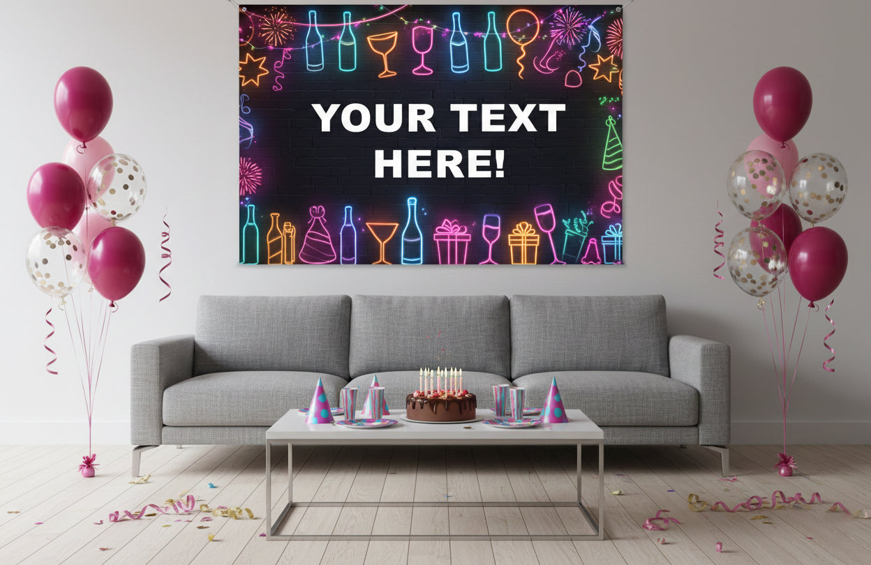 Living room with a gray sofa, balloons, and a celebratory banner with space for text.