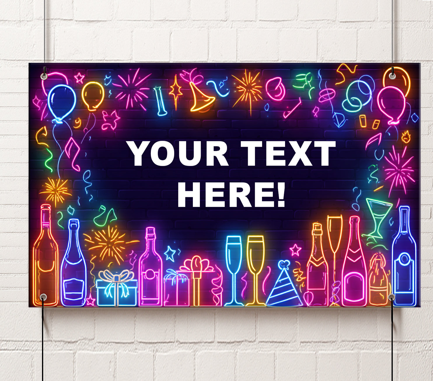 Neon sign with festive designs and text space on a white brick wall background