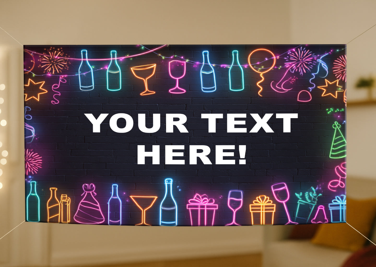 Custom neon banner with text 'YOUR TEXT HERE!' and party-themed icons on a black background.