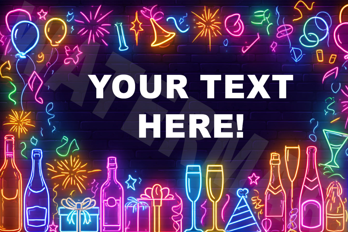 Neon party-themed banner with custom text
