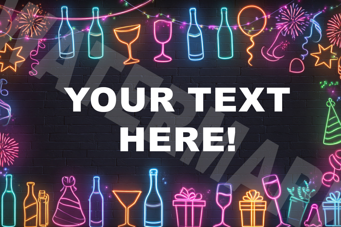 Neon party-themed border with text placeholder on a dark background