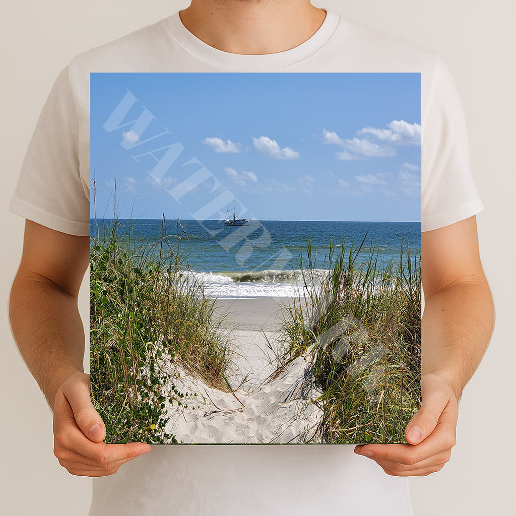 North Myrtle Beach decor  featuring sand dunes, ocean waves, and a sailboat