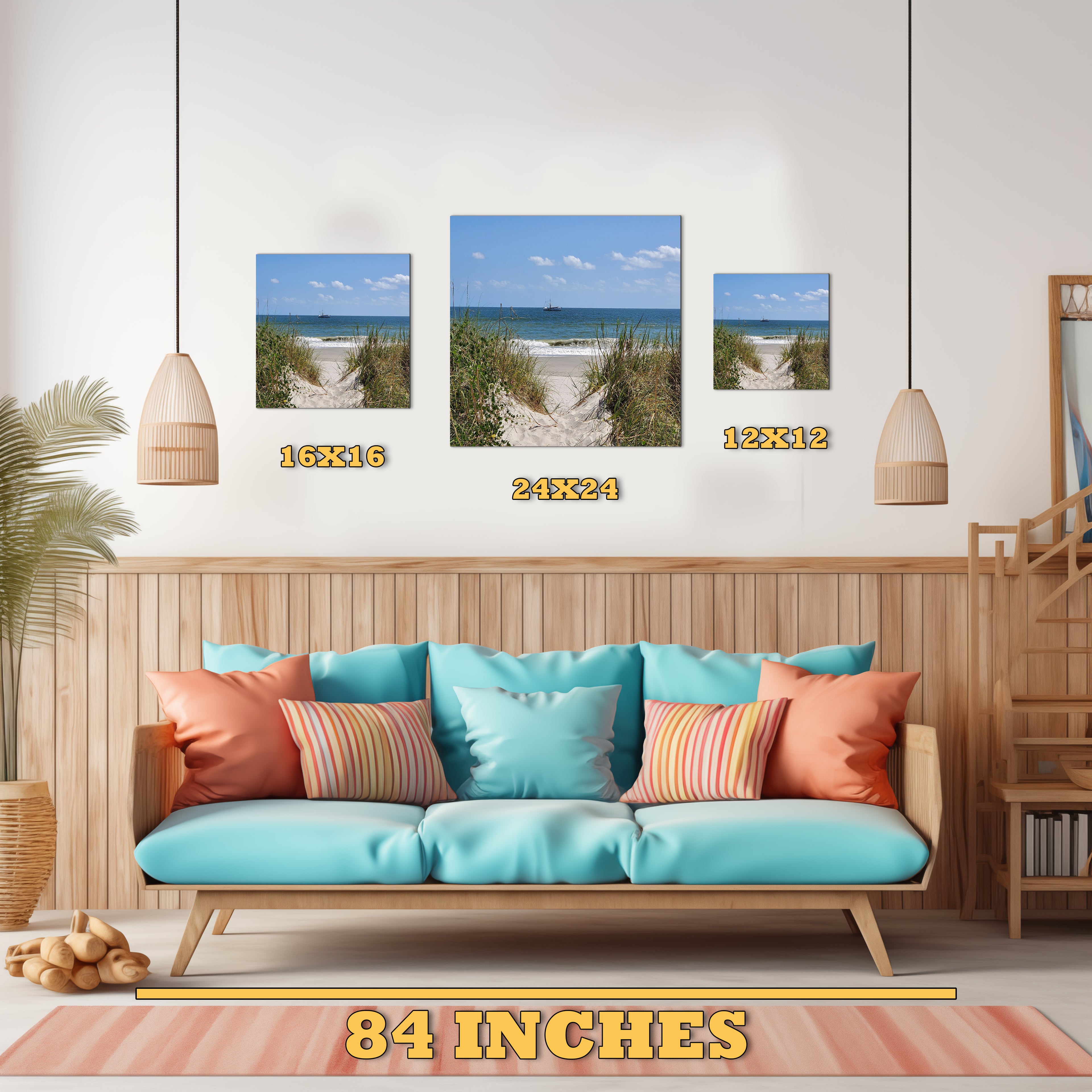 North Myrtle Beach canvas wall art featuring sand dunes, ocean waves, and a sailboat size guide