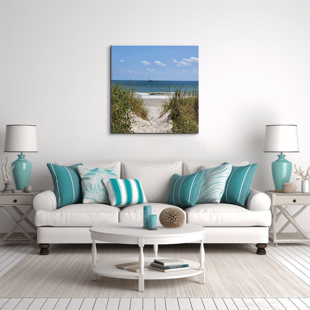 North Myrtle Beach canvas wall decor featuring sand dunes, ocean waves, and a sailboat