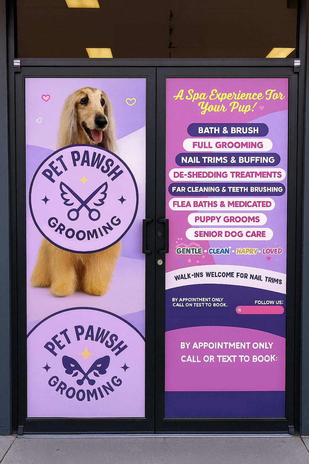storefront window sticker for a dog groomer