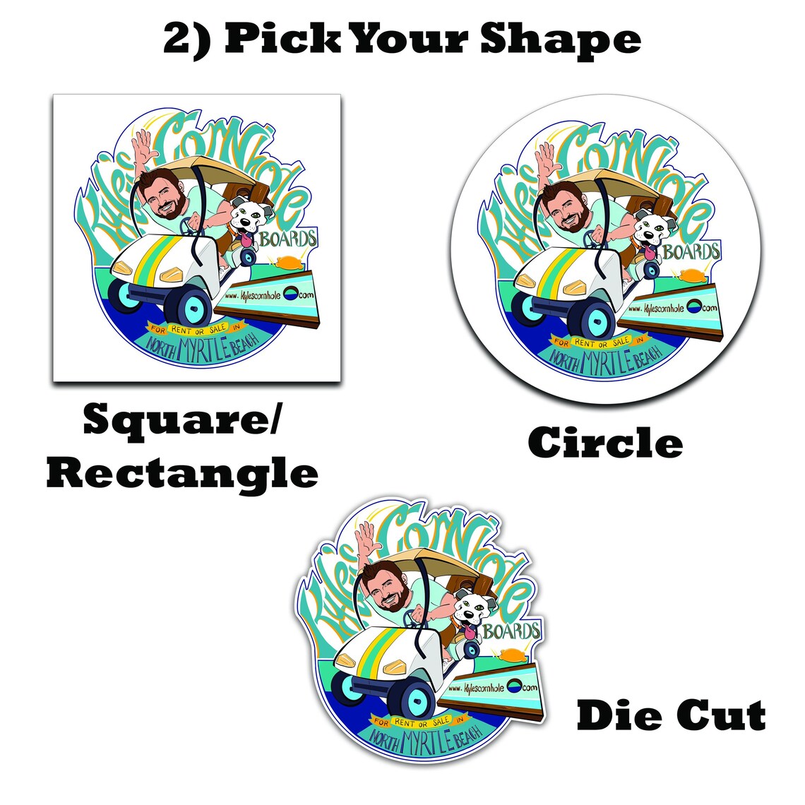 Three customizable design options for a square/rectangle, circle, and die cut shape on a white background.