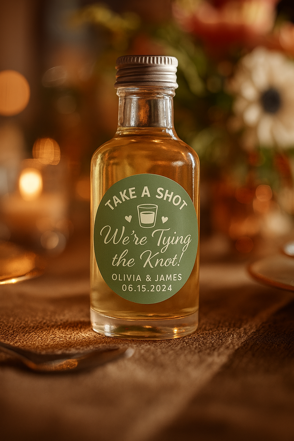 Mini liquor bottle wedding favor with round Take a Shot We’re Tying the Knot custom sticker for rustic wedding favors
