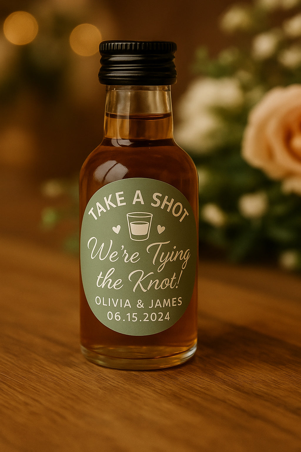 Wedding shot bottle with personalized Take a Shot We’re Tying the Knot label for boho and garden weddings