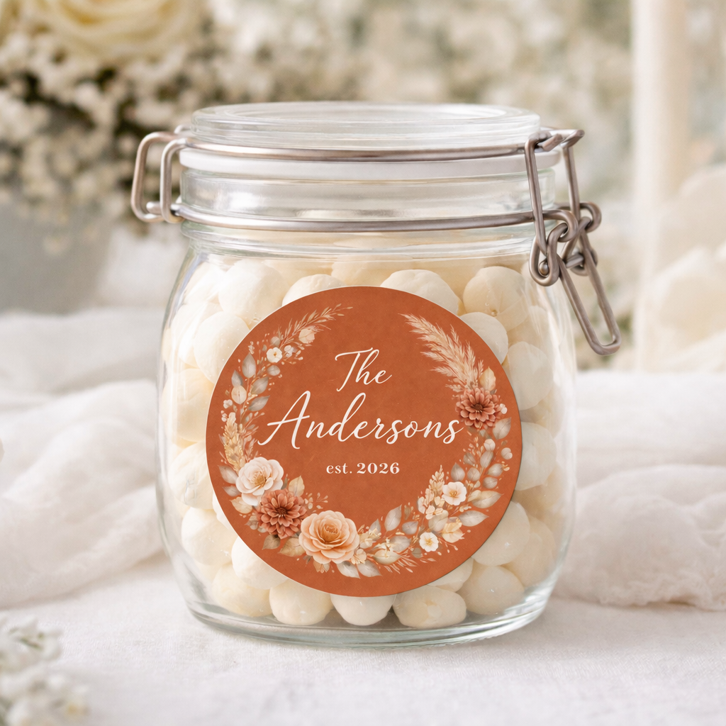 Round custom wedding sticker with family name, elegant glossy vinyl decal for wedding favors and gifts