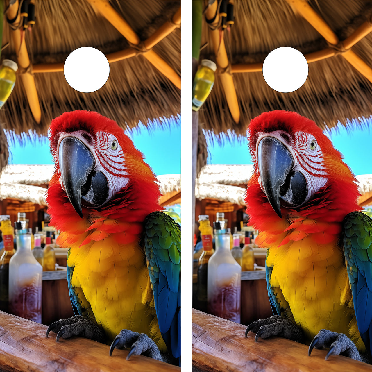 cornhole wraps featuring a colorful parrot perched on a bar counter with a thatched roof background