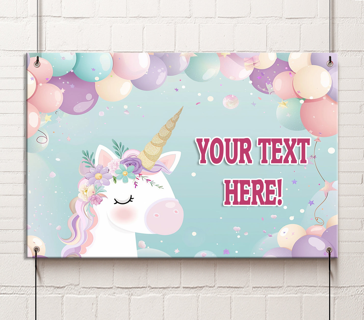 Decorative banner with a unicorn and balloons on a light blue background, featuring text placeholder 'YOUR TEXT HERE!'.