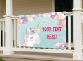 Unicorn-themed banner with customizable text on a porch