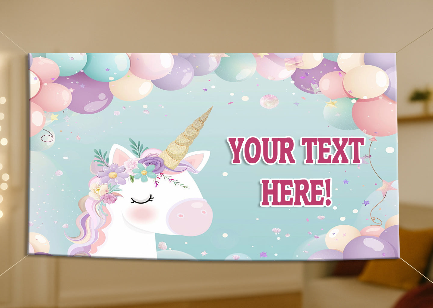 Decorative banner with a unicorn and balloons on a light blue background, featuring space for text.