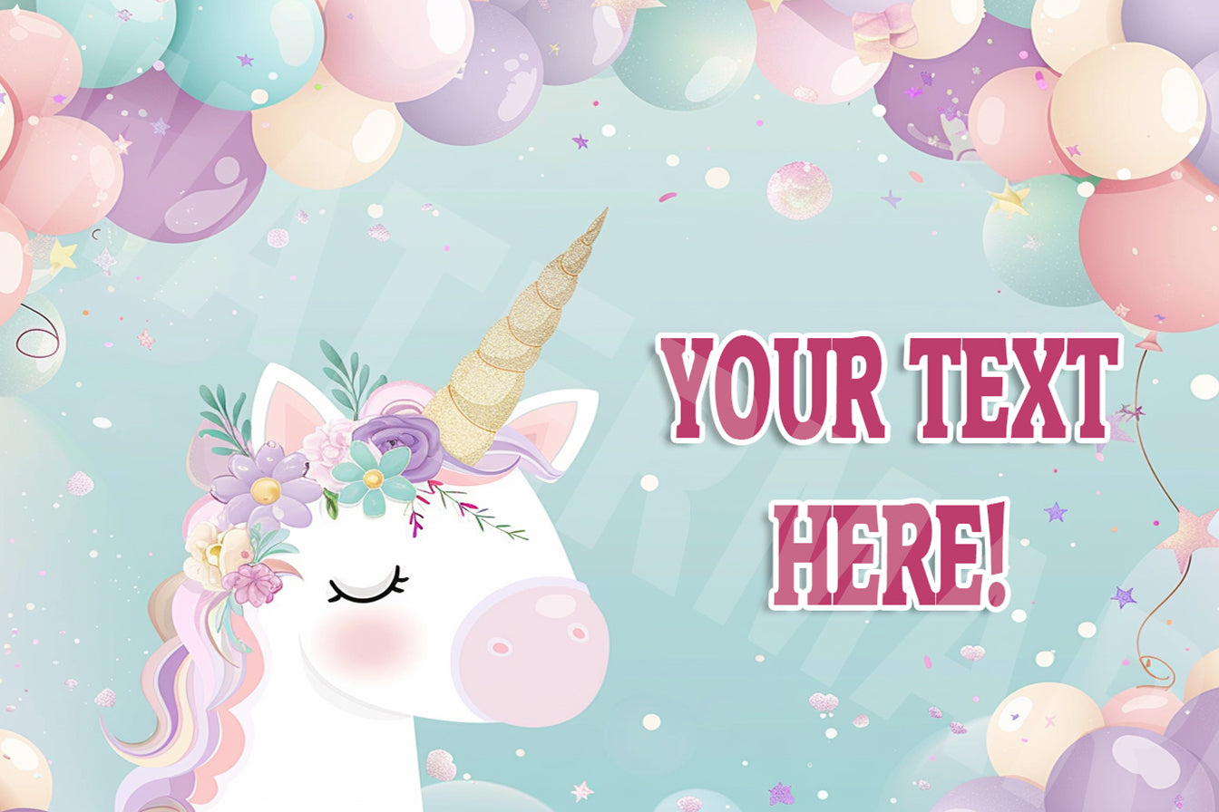 Unicorn with balloons and text space on a light blue background