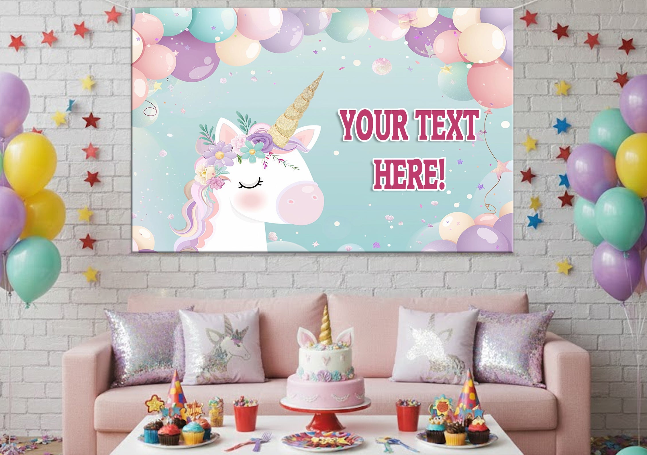 Decorative unicorn banner with text placeholder in a room with balloons and a cake.