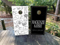 Custom black and white wedding cornhole wraps with names and custom icons