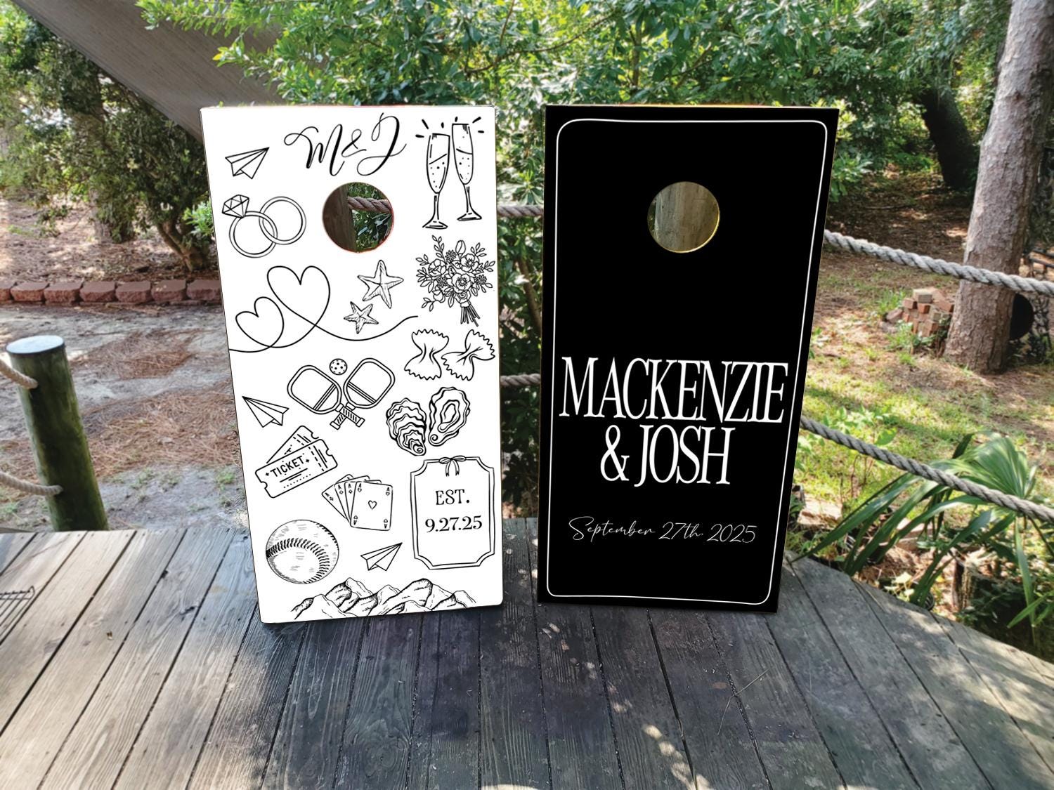 Custom black and white wedding cornhole wraps with names and custom icons
