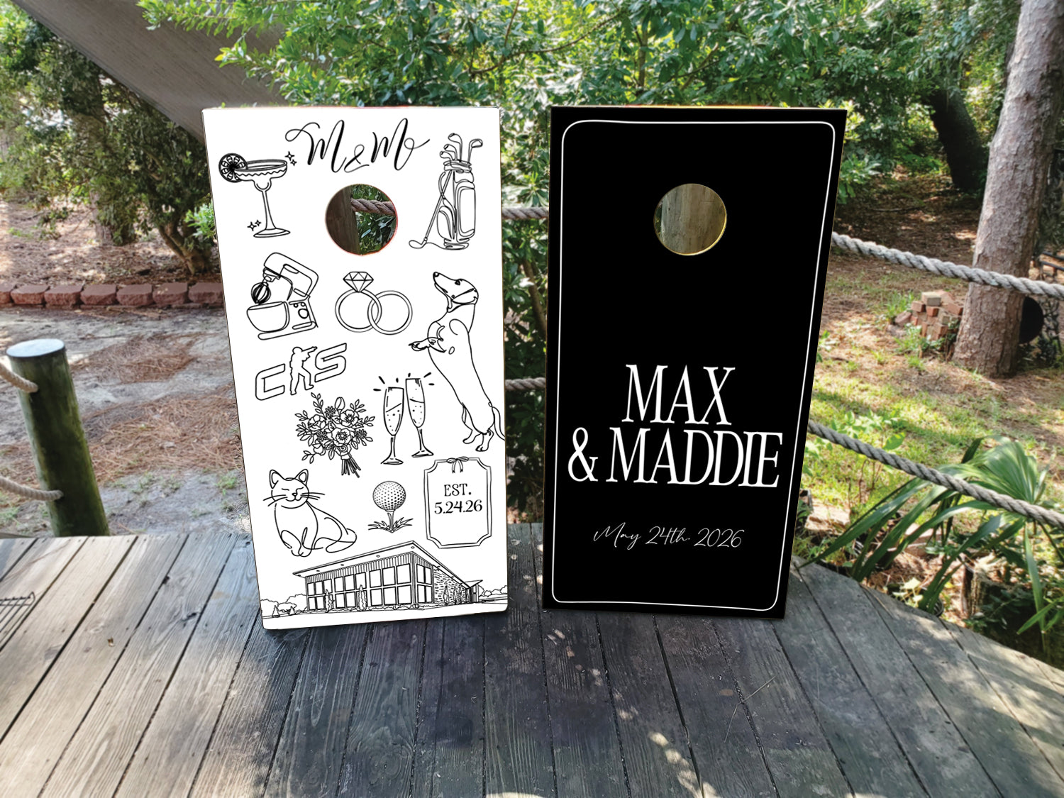 wedding cornhole wraps in black and white with custom icons