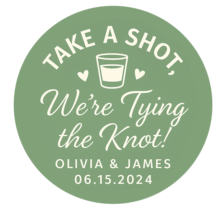 Round Take a Shot We’re Tying the Knot wedding sticker personalized with names and date green vinyl design
