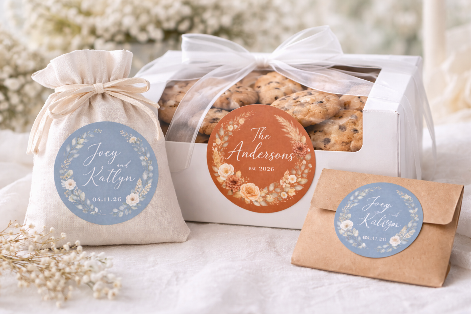 Personalized cookie gift set with decorative labels on a light background