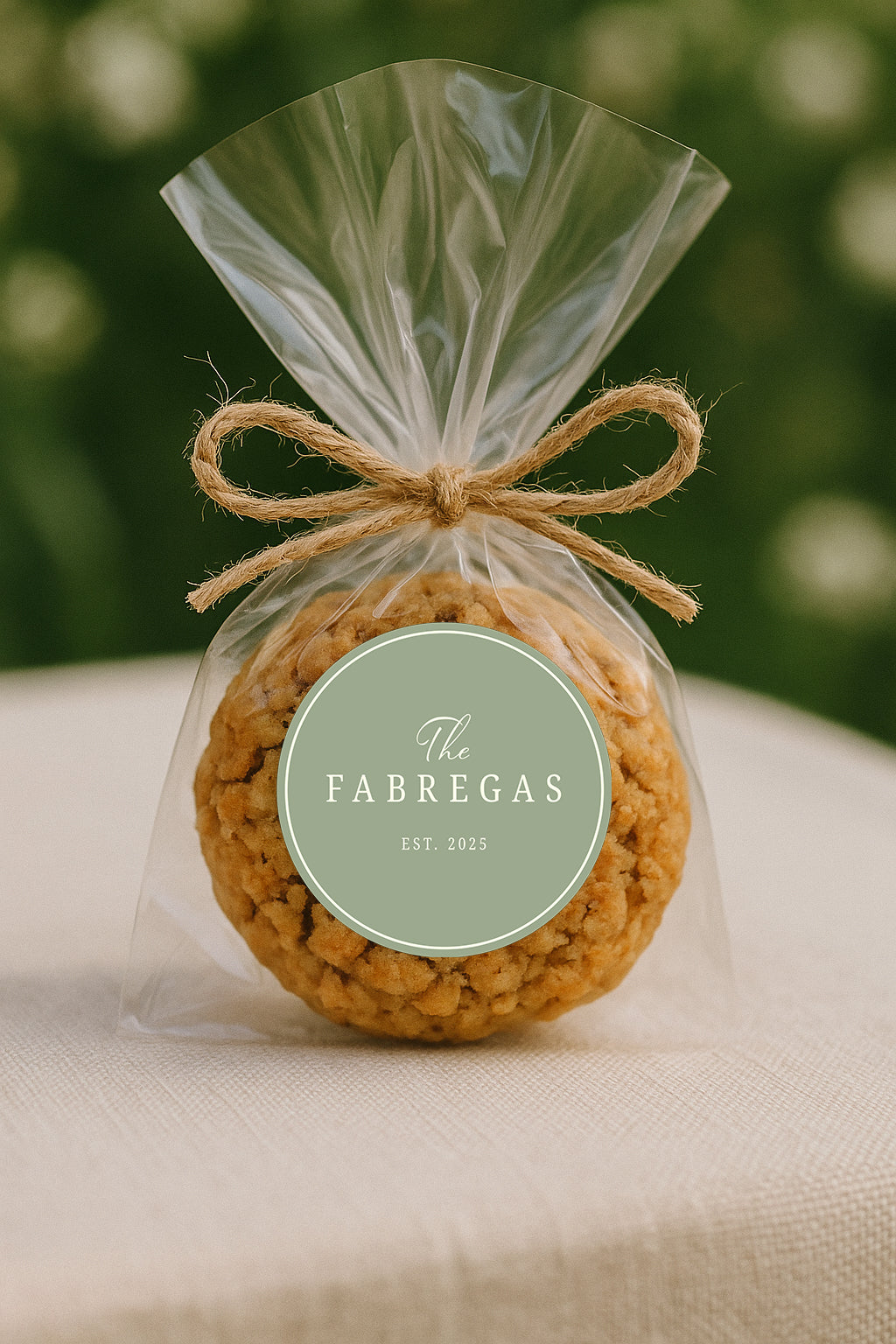 Custom wedding favor sticker with family name on twine-tied gift bag, round glossy vinyl personalized wedding decal