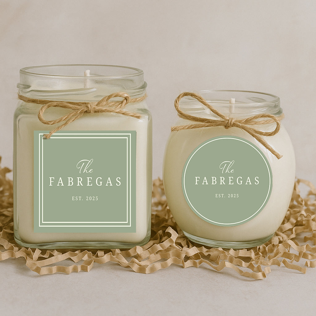 Wedding favor jars with personalized family name stickers, custom round and square wedding decals