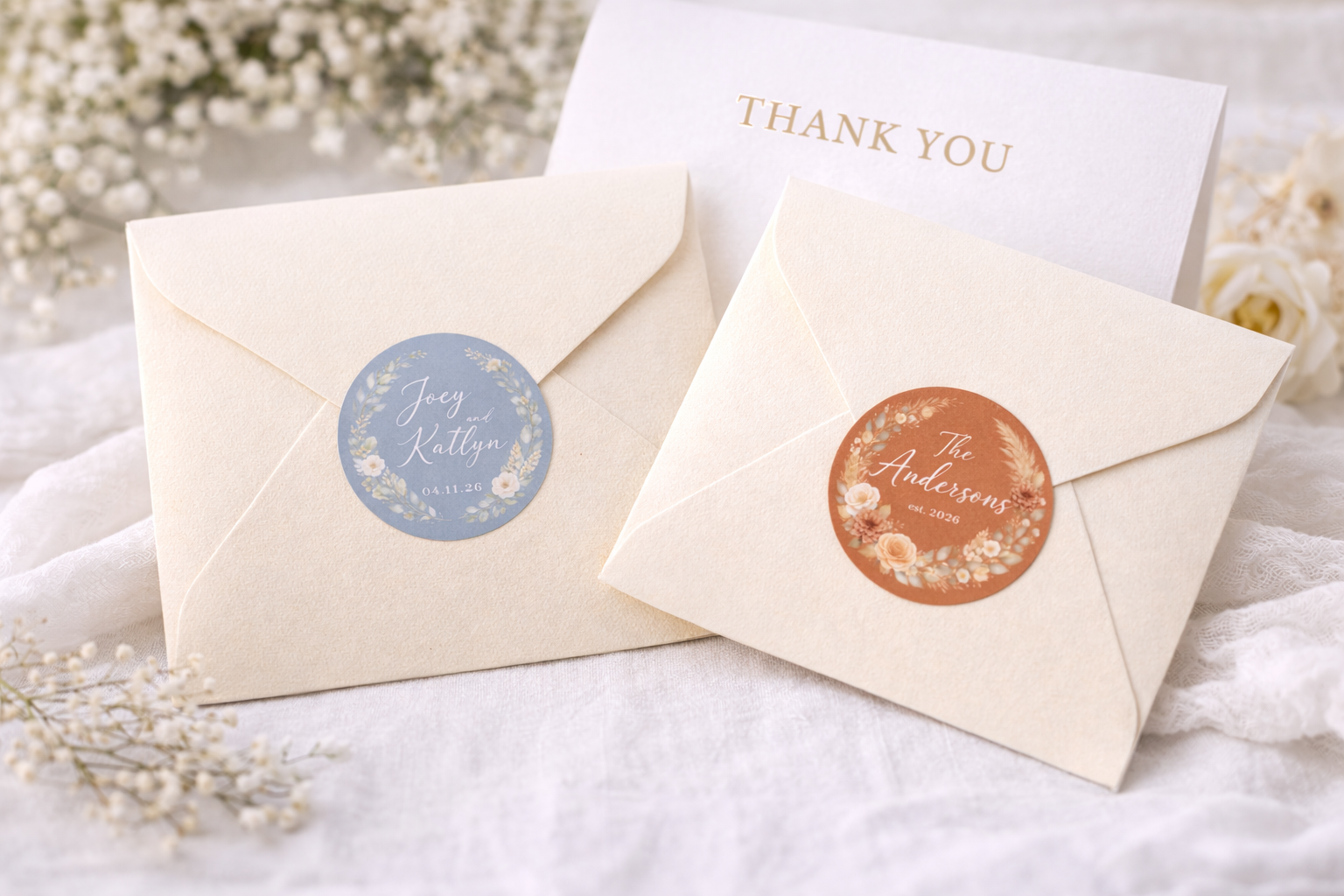 Two envelopes with personalized stickers on a soft white background